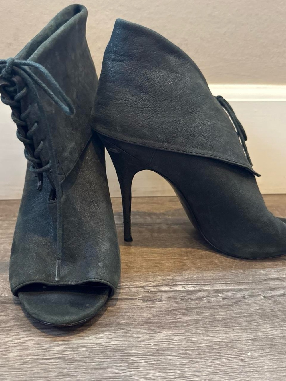 Elizabeth and James Black Suede Peep-Toe Lace-Up Stiletto Booties
